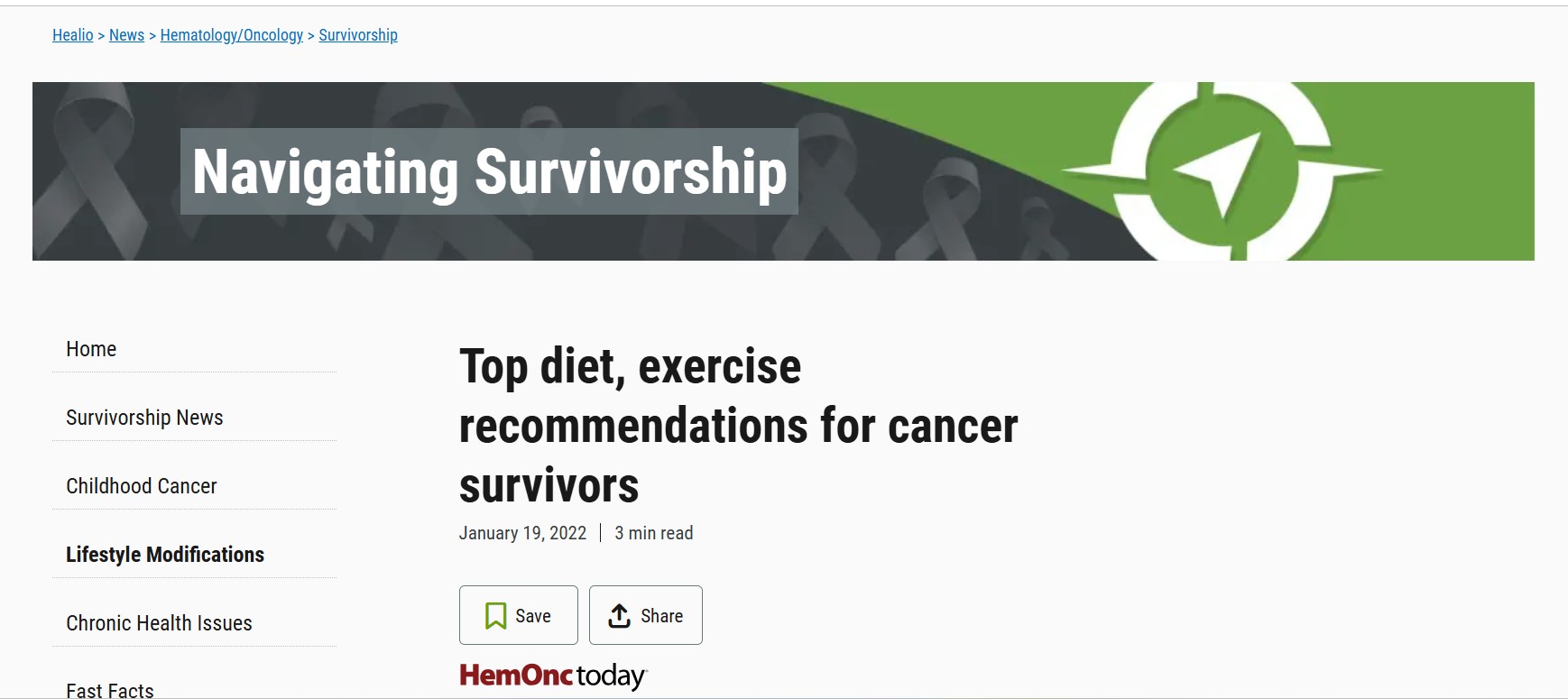 Healio article on diet and exercise for cancer survivors